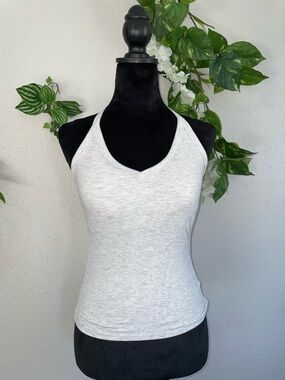 Danysu Ribbed Halter Racerback Tank Top V-Neck Fitted Cami Oatmeal S